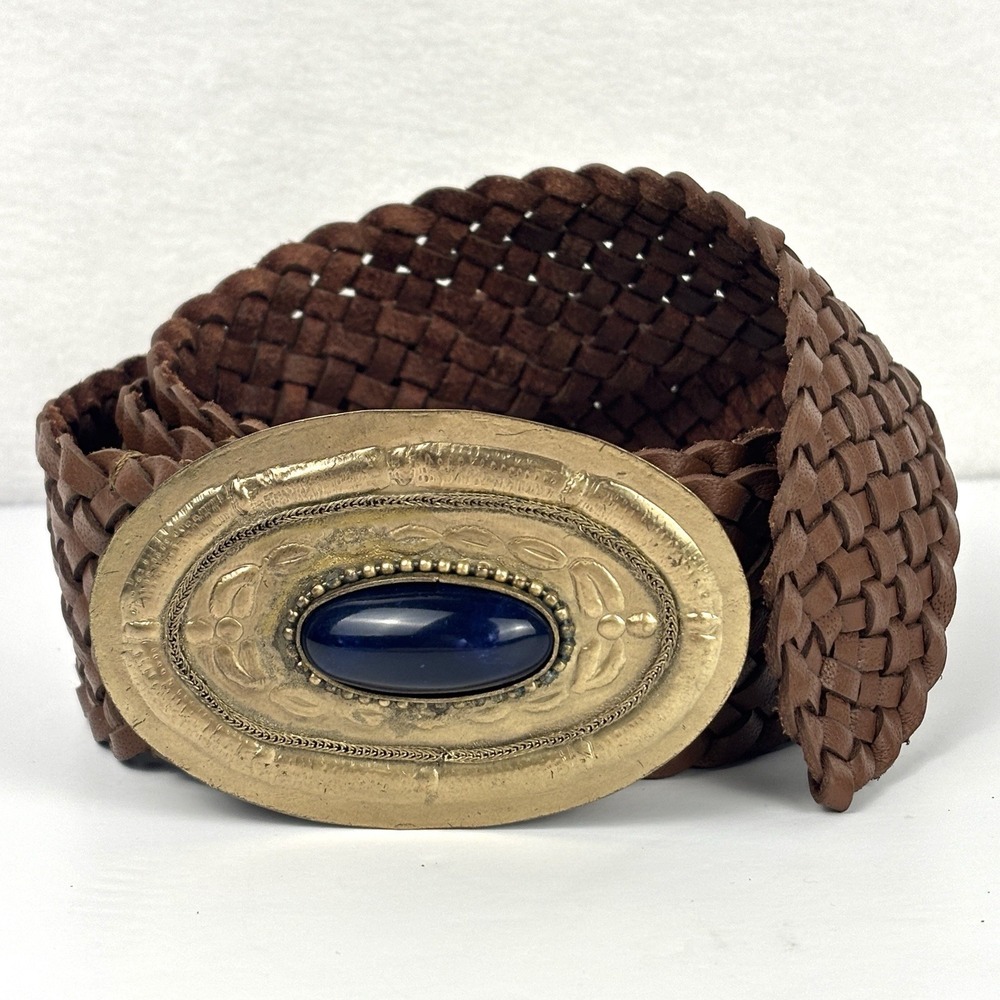 Brown Braided Woven Belt Ornate Gold Tone Oval Buckle Blue Cabochon Boho XL